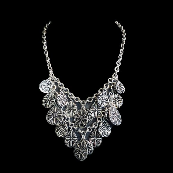 Reversible Statement Necklace Chunky Pink Crystal Boho Silver Coin Layered Y2K - Picture 9 of 10